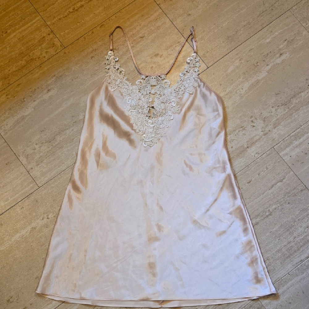 Linea Donatella Elegant Creamy Nude Beige Floral Embroidered Lace Trim Nightgown